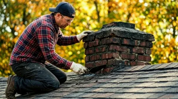 Mason inspecting the top of a brick chimney on a Powell, Ohio home