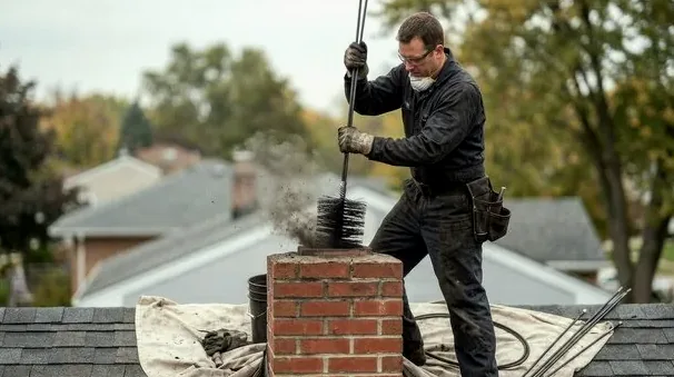Chimney sweep removing creosote from a Powell chimney