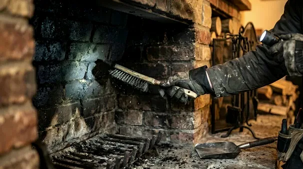 Brushing creosote and soot out of a firebox in a Delaware County home